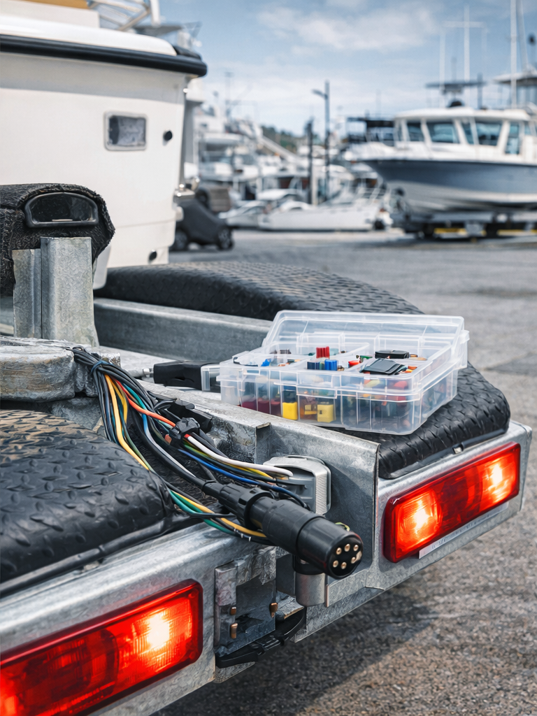 Freshly rewired boat trailer lights and wiring at a marina